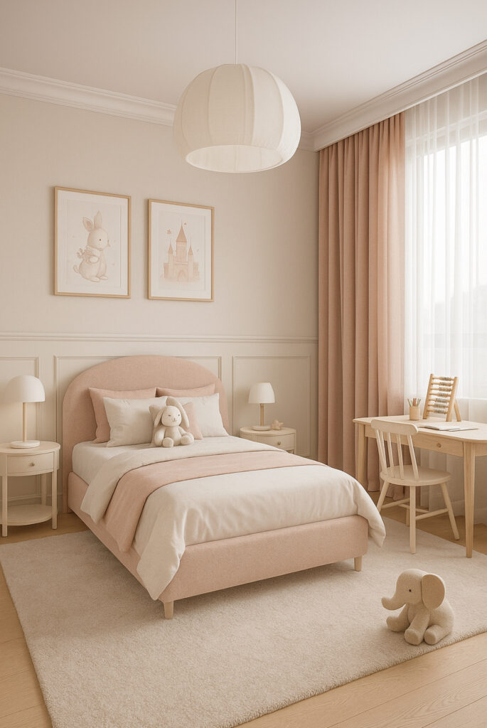 quarto de menina com cabeceira estofada rosa, cortinas modelo wave em tecido rosé