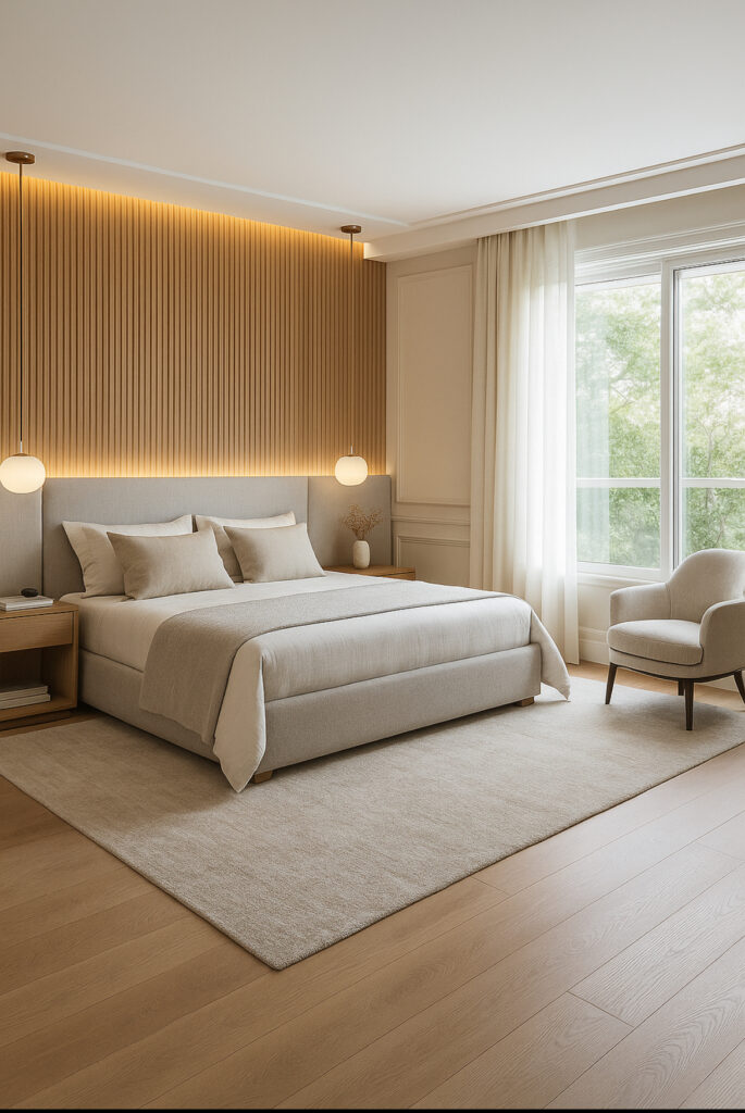 Quarto de casal em tons neutros, com painel ripado em madeira carvalho, painel de cabeceira em linho natural, cortinas em gaze de linho branco, piso em madeira