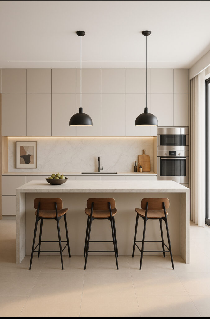 Cozinha clean contemporâneam com armários em laca off white, torre quente com forno e microondas, ilha em silestone e banquetas em madeira