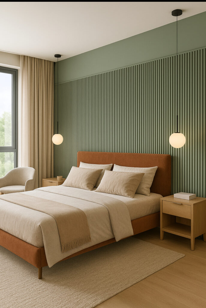 Projeto de quarto de casal com painel ripado verde, cama estofada em tecido terracota, piso em madeira e cortinas em gaze de linho